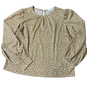 LOFT Floral Long Sleeve Blouse Tan White Print Puff Sleeve Women’s Size XL